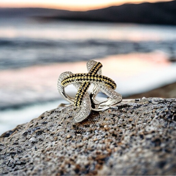 NEW Yellow & Black High Carbon Lab Sapphire Simulant Lace Up Wide Statement Ring - Picture 4 of 16